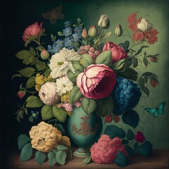 Wall Mural - Wallpaper of a bouquet of roses and flowers in bright colors, a vintage drawing of a still life, Generative AI