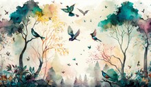 Watercolor Painting Digital Art High Quality, Of A Forest Landscape With Birds, Butterflies And Trees, In Colors Consistent Style, Generative AI
