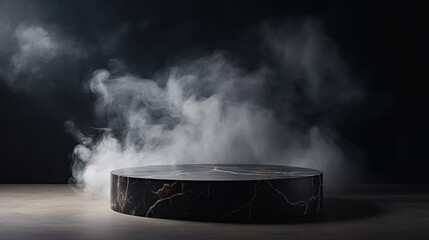 Empty black marble table podium in dark room with smoke. Black marble podium for product mockup.