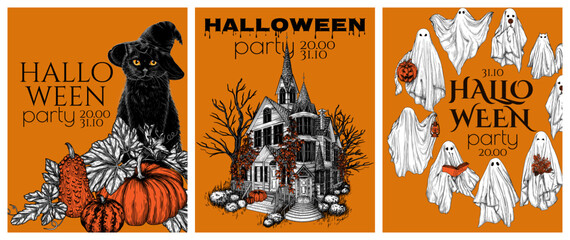 Set of 3 vector Halloween invitations in engraving style. Witch cat in pumpkins, haunted house, ghosts