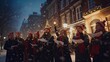 Carol singers in a snowy street, showcasing traditional festive activities.