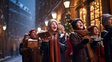 Carol Singers In A Snowy Street, Showcasing Traditional Festive Activities.