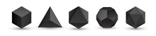 Set Of Black Vector Editable 3D Platonic Solids Isolated On White Background. Mathematical Geometric Figures Such As Cube, Tetrahedron, Octahedron, Dodecahedron, Icosahedron. Icon, Logo, Button.