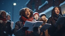 Carol Singers In A Snowy Street, Showcasing Traditional Festive Activities