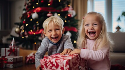 Children opening their Christmas presents, capturing genuine joy and excitement