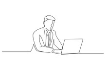 Continuous Line Drawing Of Man Sitting Using Laptop Computer, For Business Vector Illustration