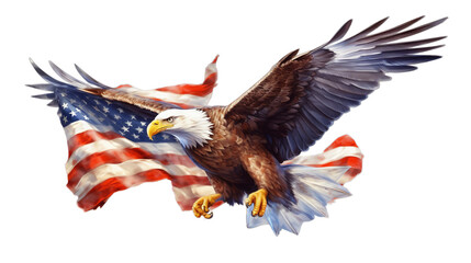 Bald Eagle with America flag in background, Transparent background, Generative ai