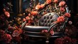 a rococo chair which is made of flowers, in the style of ethereal forms, black and gold, red, realistic yet ethereal, futuristic sleekness, sharp & vivid colors, art nouveau inspiration
