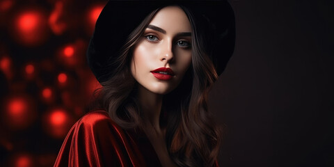 Portrait of a Young Beauty Sexy Woman in red dress and black hat on a black background, copy space