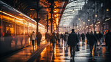 Fototapeta Londyn - Bustling Urban Environment Teeming with Pedestrians Making their Way through the Busy Streets where Traffic creates a Captivating Play of M Movement Generative AI Digital Art Wallpaper Background