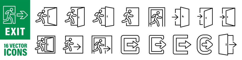 exit symbol set. evacuation icon set. linear style.