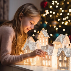 Wall Mural - lifestyle photo christmas house full of lights.