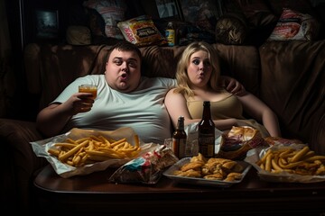 Wall Mural - couple sitting at home and eating junk food