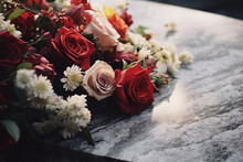 Bouquet De Fleurs Sur Une Tombe En Marbre » IA Générative