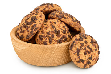 Wall Mural - oatmeal chocolate chip cookie in wooden bowl isolated on white background