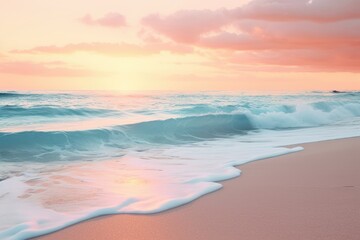  Sunset Beach with Pink and Turquoise Hues: White Sand and Ocean Waves - Generative AI