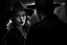 Man And Woman Wearing A Hat And A Coat Characterized As A Classic Detective Or Gangster Look. Noir Movie, Portrait Of 40s Detectives.