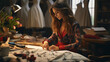 A creative young fashion designer sketching unique clothing designs in a stylish atelier filled with fabrics and mannequins