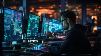 A skilled young IT specialist coding complex software solutions in a high-tech office, with multiple computer screens aglow