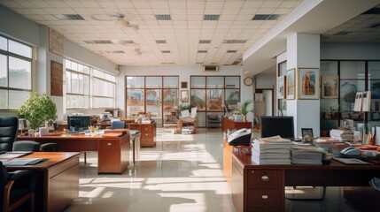 A large bright office with large windows