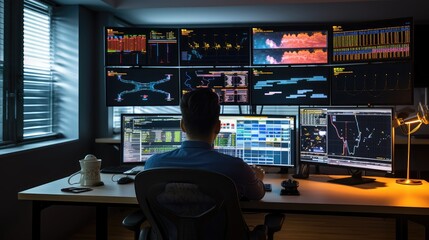 A man is sitting in front of many computer screens monitoring various data