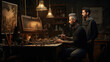 two men in a dark rustic room are looking at something