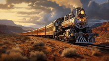 An Old Steam Locomotive With Wagons Drives Through A Desert