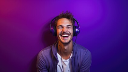 Modern and cool american man listening music on headphones with smiley and happy attitude on trendy color background