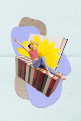 Wall Mural - Vertical photo collage of funny young academic girl study reading books library information prepare last exam isolated on blue background