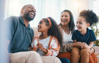 Poster - Family, grandparents and children on sofa laughing for bonding, relationship and funny conversation. Home, living room and grandmother, grandfather and kids together for happiness, love and relax