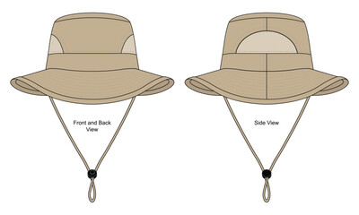 Wall Mural - Khaki Bucket Hat With Mesh in Sides View Template On White Background.Front and Back View.
