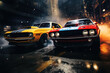 Two musclecars driving a race in a city.