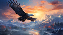 An Eagle Flies Over Snowy Mountains In Winter