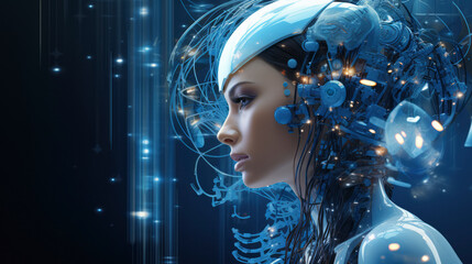 Poster - An abstract fusion of technology and human intelligence: A futuristic portrait of a young woman symbolizing the future of AI and cyber innovation