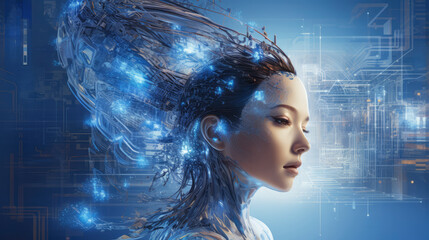 Poster - An abstract fusion of technology and human intelligence: A futuristic portrait of a young woman symbolizing the future of AI and cyber innovation