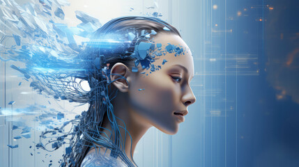Poster - An abstract fusion of technology and human intelligence: A futuristic portrait of a young woman symbolizing the future of AI and cyber innovation