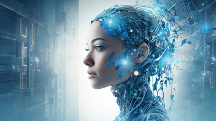 Poster - An abstract fusion of technology and human intelligence: A futuristic portrait of a young woman symbolizing the future of AI and cyber innovation