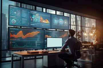 Poster - executive trader analyzes financial charts on his modern office setup, pursuing success in the global financial market