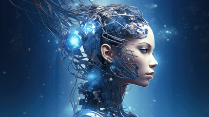 Poster - An abstract fusion of technology and human intelligence: A futuristic portrait of a young woman symbolizing the future of AI and cyber innovation