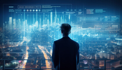 Poster - financial broker navigates the digital frontier, analyzing charts and data in a futuristic cityscape, blending technology and finance
