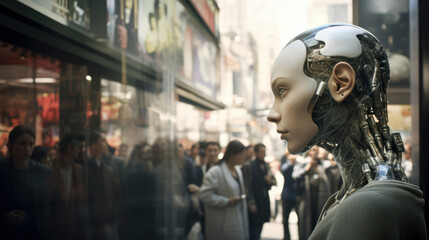 Poster - three-dimensional android hand touching a virtual interface, merging tech and human innovation, Exploring the future of artificial intelligence