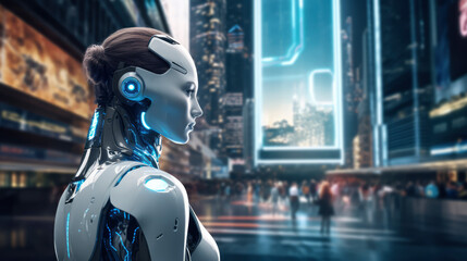 Poster - three-dimensional android hand touching a virtual interface, merging tech and human innovation, Exploring the future of artificial intelligence