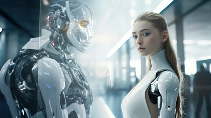 Poster - AI: A futuristic, cyborg-like figure with a mechanical arm and digital interface, symbolizing innovation in business and technology