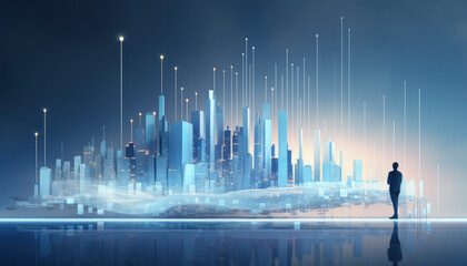 Poster - global financial growth and technological connectivity in a futuristic cityscape,dynamic skyline represents the epitome