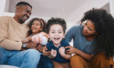 Poster - Happy family, parents and children on sofa with smile for bonding, healthy relationship and love. Home, living room and mother, father and kids laughing together for happiness, playing and relax