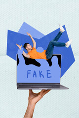 Poster - Collage artwork graphics picture of scared guy suck in fake news modern device isolated painting background