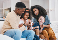 Thumb War, Happy Family And Living Room Sofa With Love, Support And Fun With Parents And Kids. Home, Mother And Father With Children And Funny Joke On A Lounge Couch With Black People And Game