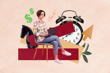 Poster - Collage artwork graphics picture of busy lady earning money modern device isolated painting background