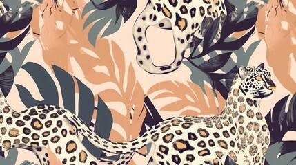 Modern exotic jungle illustration pattern with leopards. Creative collage contemporary floral seamless pattern. Fashionable template for design, Generative AI