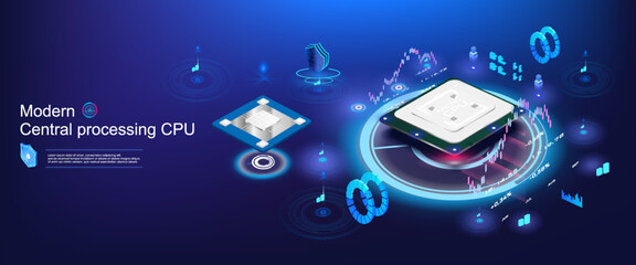 Poster - futuristic processor with neon holographic backlight. isometric processor with server for rendering 